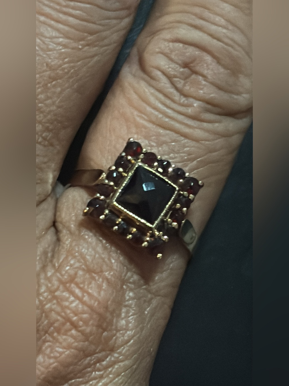 Vintage 9K Gold Garnet Square Halo Ring - Women's Garnet Statement Ring